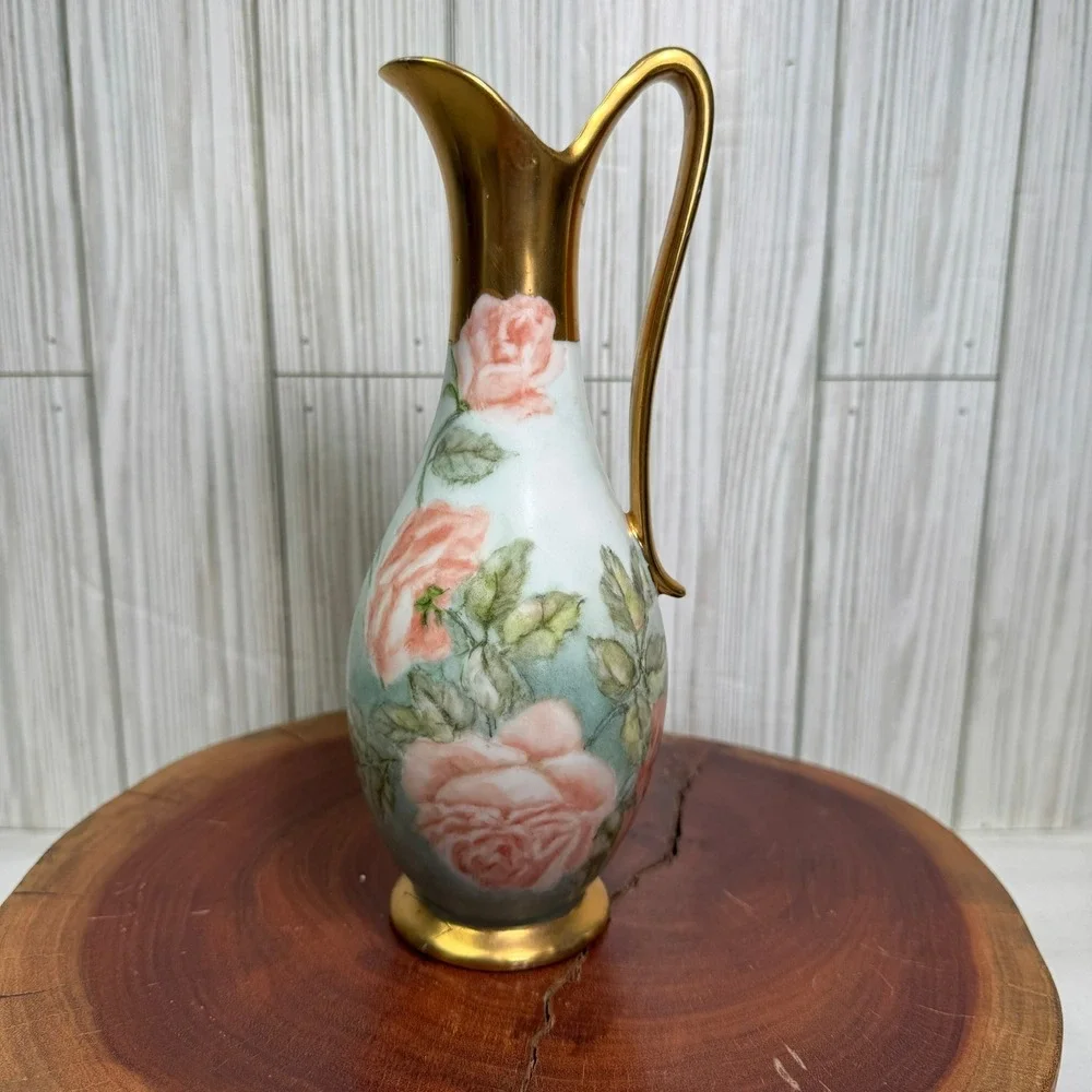 Vtg 1975 A.C. Perry Hand Painted Porcelain Rose Ewer Pitcher Bud Vase Gold Trim